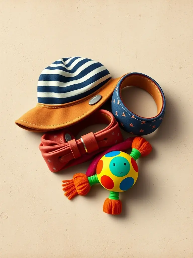 A digital image showcasing various accessories that can be added to 3D pet portraits, such as hats, collars, toys, and bandanas, with detailed textures and colors.