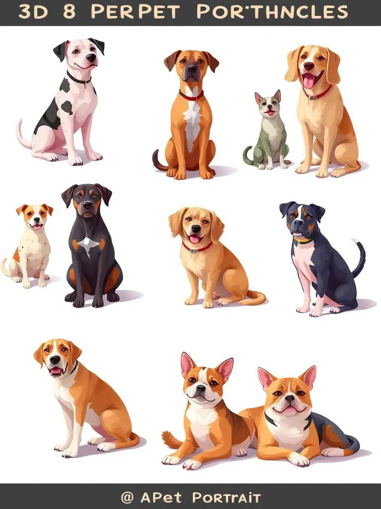 A digital illustration showcasing various pet poses available for 3D pet portraits, including sitting, standing, and lying down, with examples of different breeds.