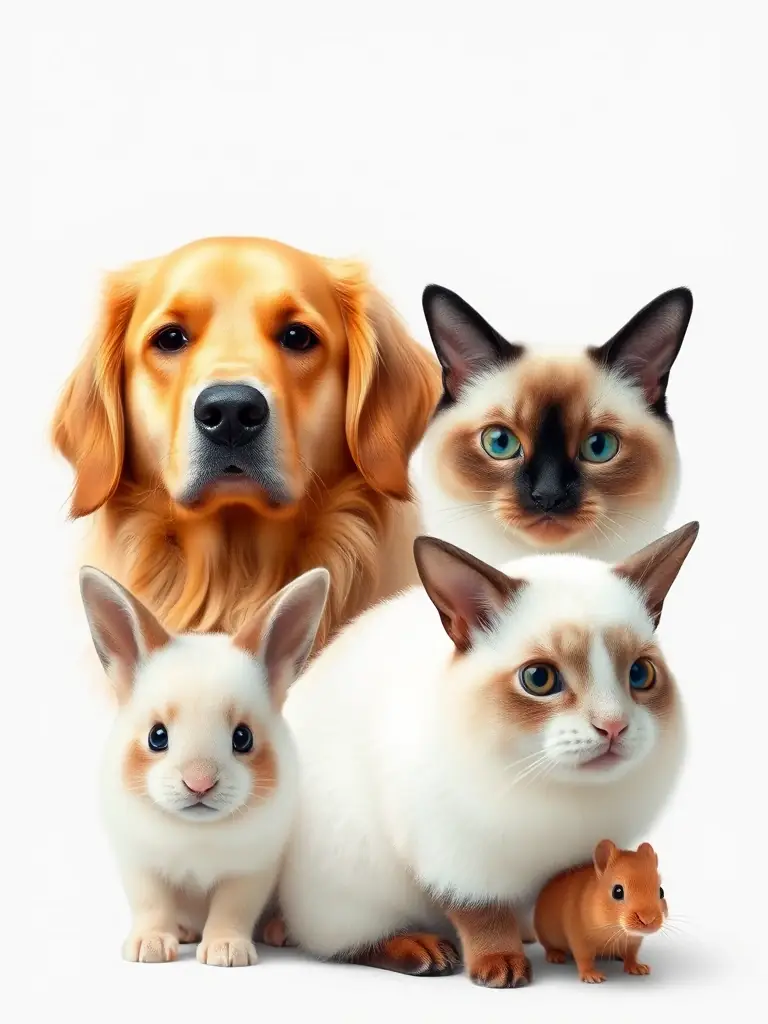 A digital collage showing examples of different breeds of pets that can be created as 3D portraits, including dogs, cats, rabbits, and hamsters, with realistic details and textures.