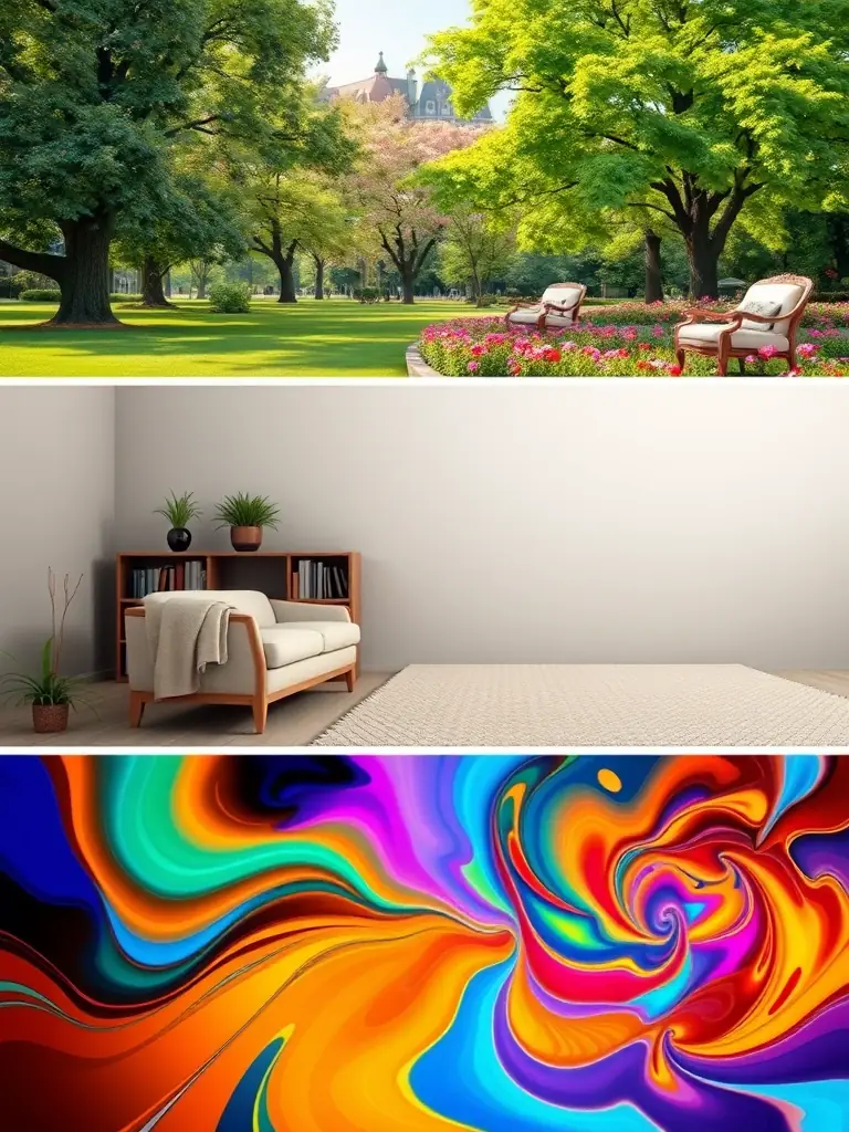 A digital rendering displaying different background options for 3D pet portraits, such as a park, home interior, or abstract design, with vibrant colors and detailed elements.