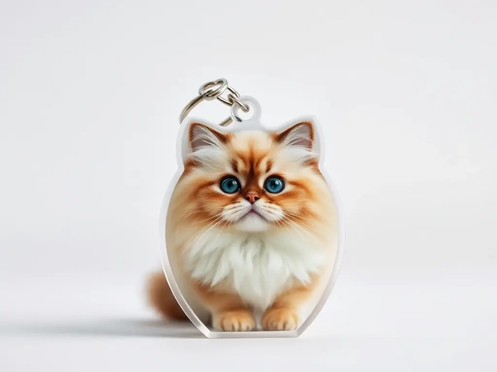 A detailed pet photo keychain made from sturdy acrylic with a metal keyring, featuring a clear, high-resolution image of a fluffy Persian cat. The keychain is compact and lightweight, showcasing the cat's expressive eyes and soft fur against a neutral background.