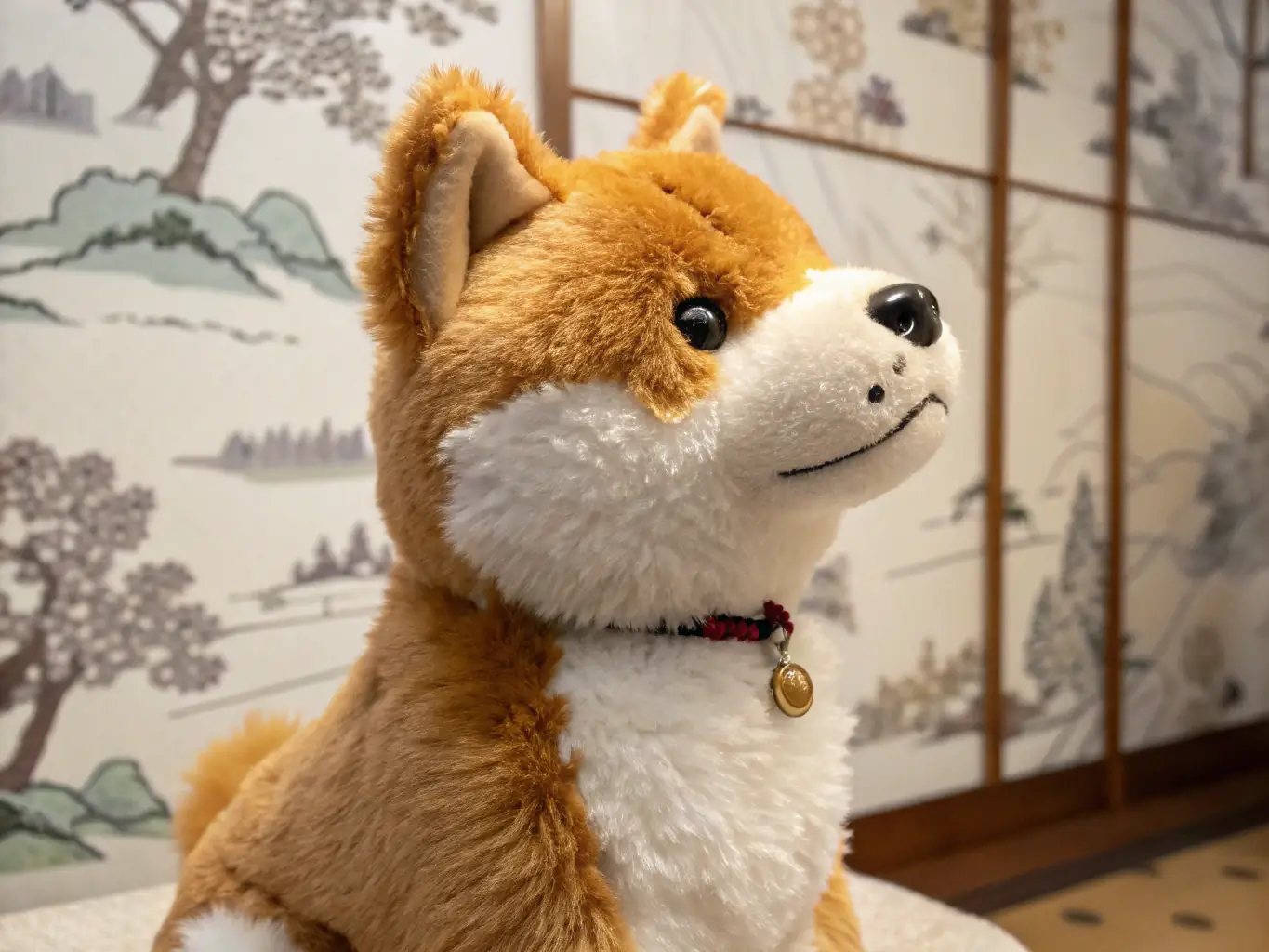 A custom pet plush toy resembling a small, fluffy dog, crafted with soft, high-quality fabric. The toy is designed to resemble the dog's unique features, including fur color, markings, and size. The plush toy is seated upright, with a gentle, inviting expression.