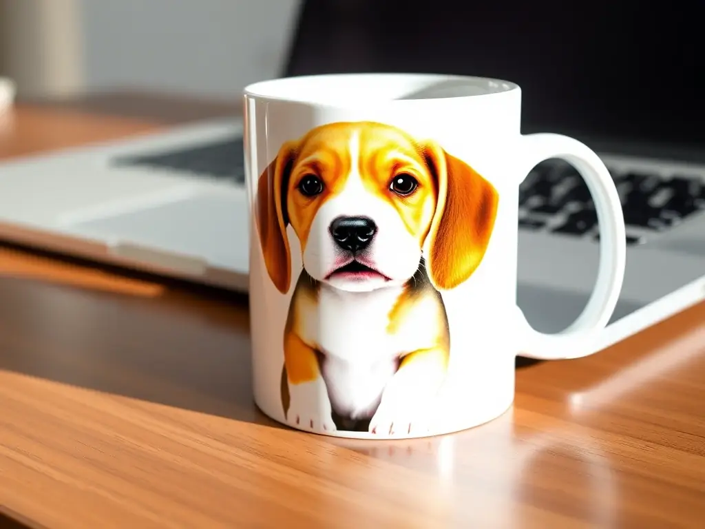 A close-up shot of a personalized pet mug featuring a clear, high-quality image of a golden retriever. The mug is white ceramic with a glossy finish, showcasing the dog's expressive eyes and fluffy fur. The background is blurred to emphasize the mug's design and the pet's image.